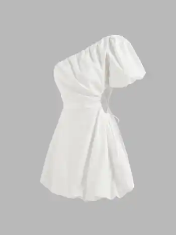 Leinen-Mischung Asymmetrischer Ausschnitt Ein-Schulter Blase Saum Einfarbiges Minikleid