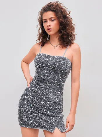 Pailletten-Cami-Split Kurzes Kleid