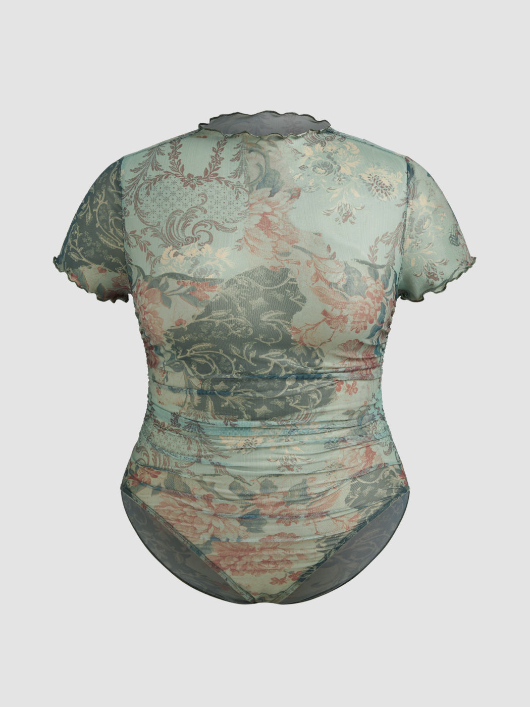 Round Neckline Floral Lettuce Trim Ruched Bodysuit Curve & Plus