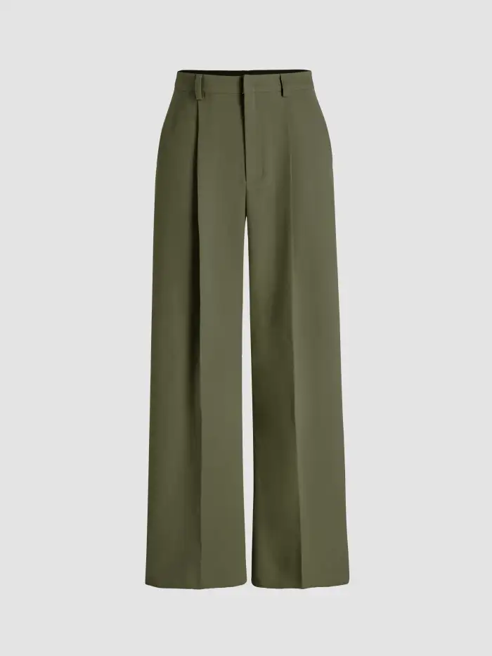 Petite Mid Rise Solid Wide Leg Trousers With Belt