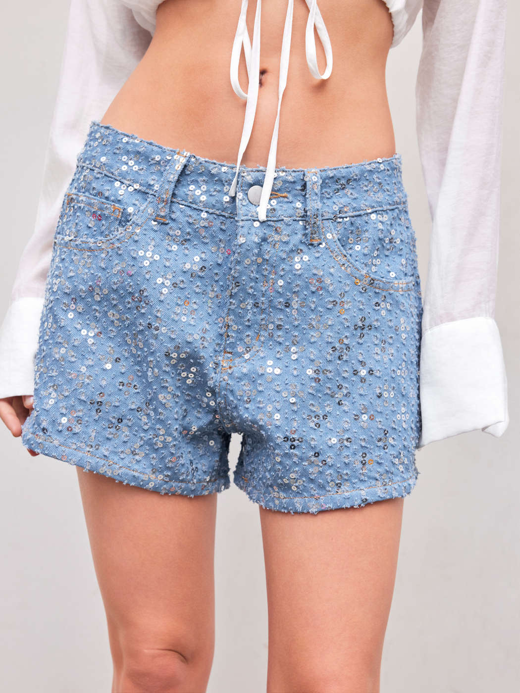 Denim Denim Mid Rise Sequin Straight Leg Shorts For Festival de