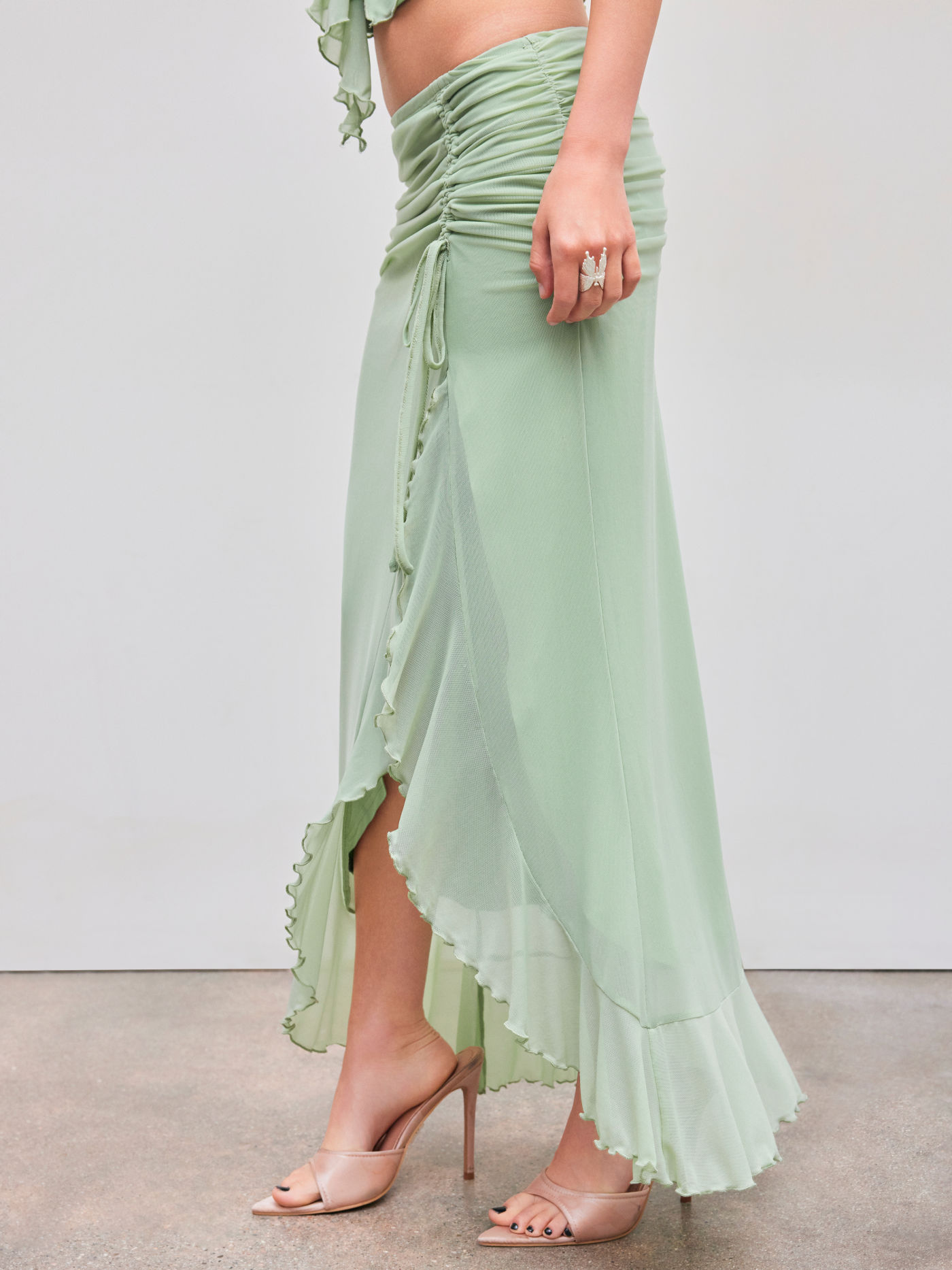 Mesh Mid Rise Solid Lettuce Trim Drawstring Spilt Maxi Skirt