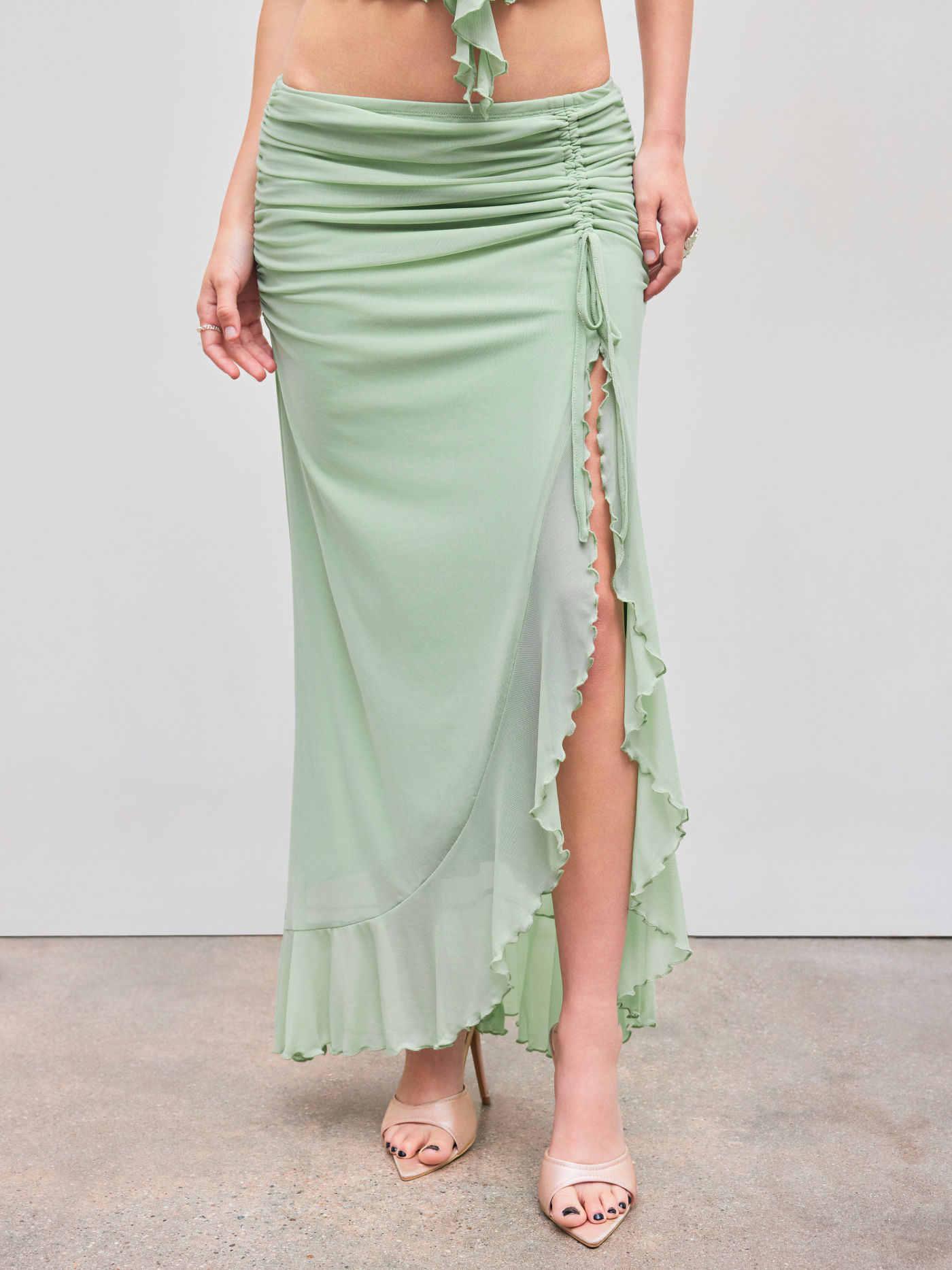 Mesh Mid Rise Solid Lettuce Trim Drawstring Spilt Maxi Skirt