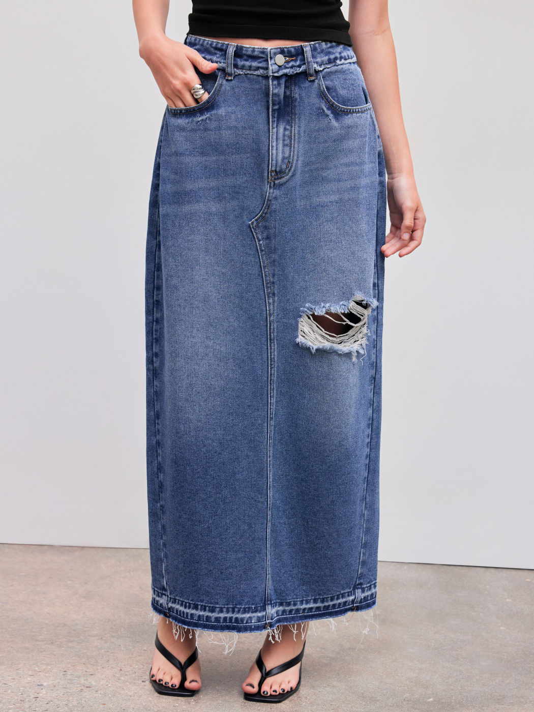  Denim Midikleid mit Rissen und Schlitz in Einfarbig