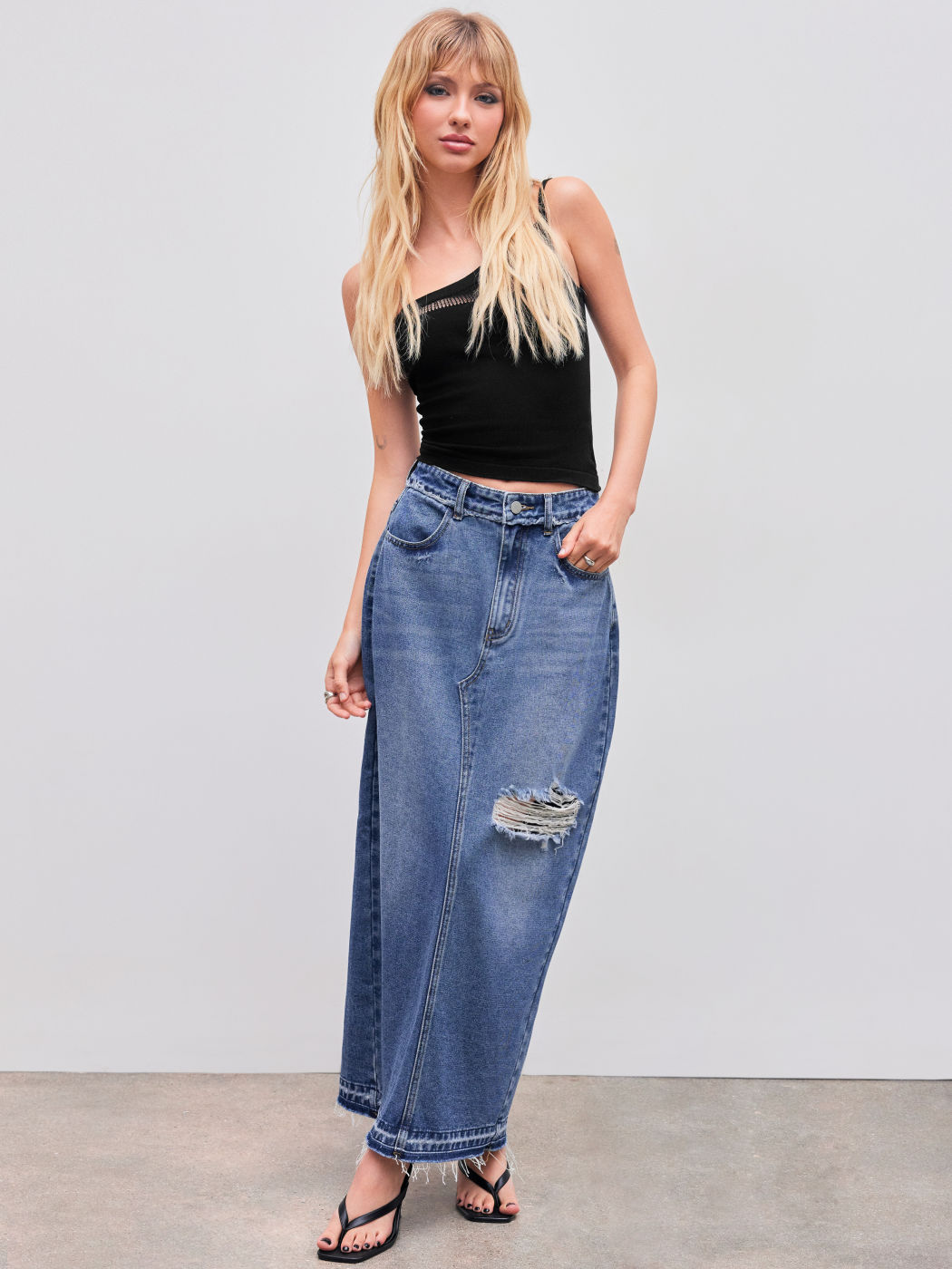  Denim Midikleid mit Rissen und Schlitz in Einfarbig