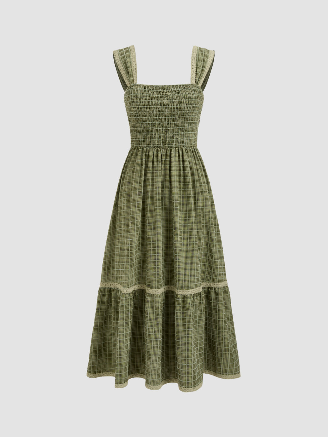 Square Neck Shirred Gingham Maxi Dress