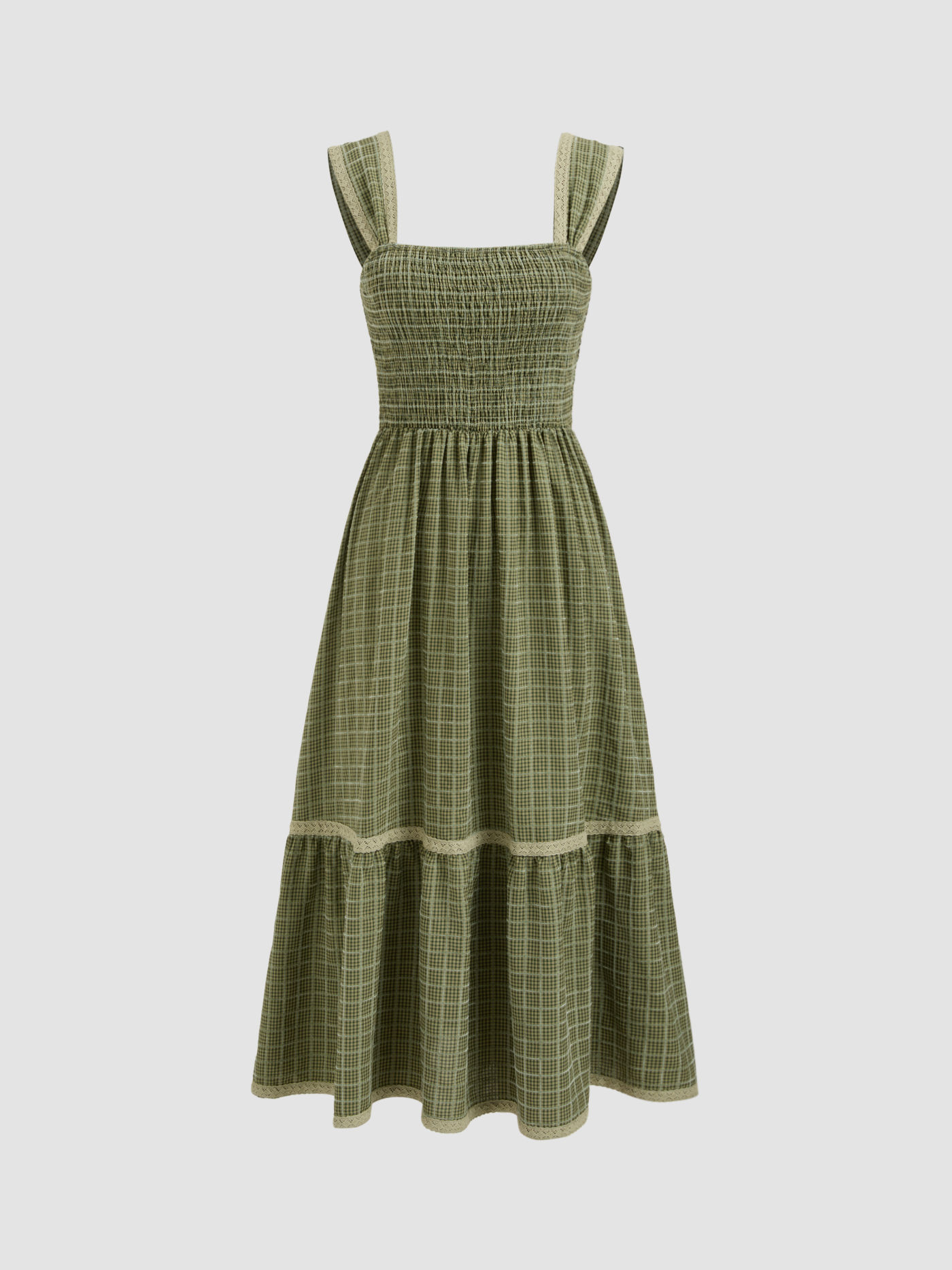 Vestido Maxi de Cuello Cuadrado Gingham Fruncido