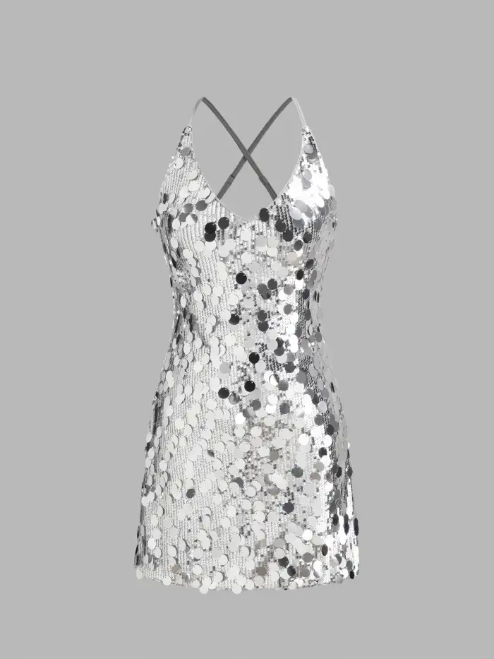 Sequin Cowl Neck Rhinestone Shoulder Straps Mini Dress