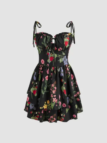 Gewebtes Blumen & Frucht Rüschen Saum Geknotetes Lagen Mini Kleid