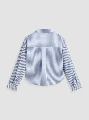 Cotton-blend Collar Striped Knotted Roll-up Long Sleeve Shirt