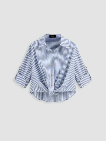 Cotton-blend Collar Striped Knotted Roll-up Long Sleeve Shirt