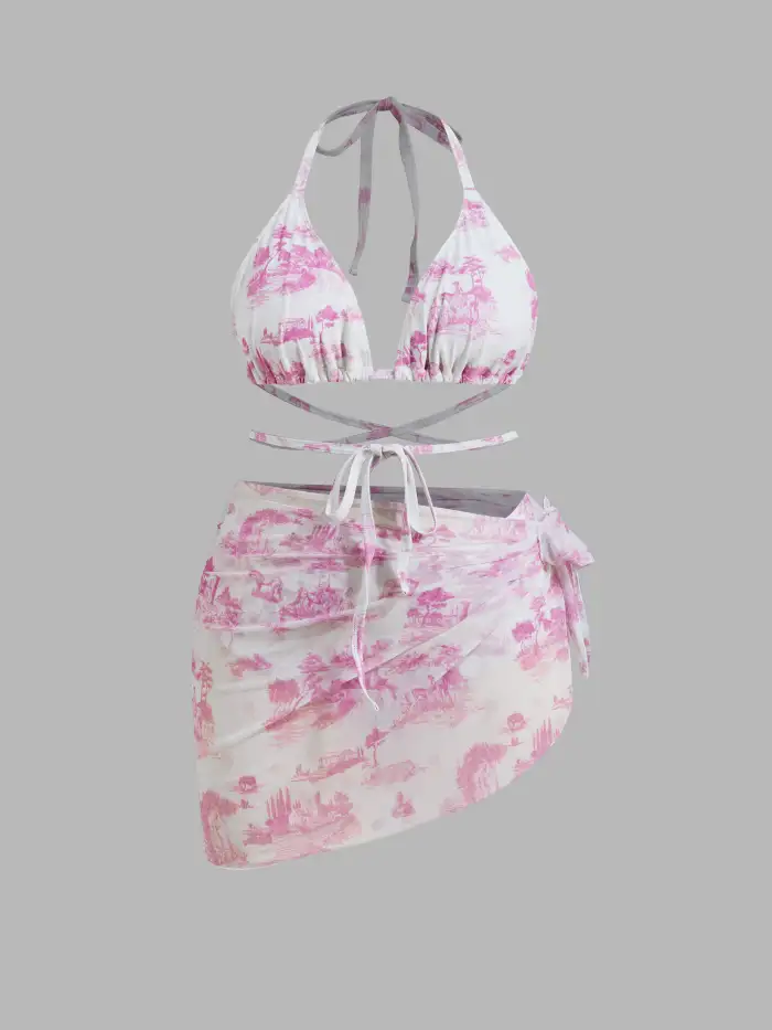 V-neck Tartan Shirred Triangle Drawstring Bikini Set Curve & Plus