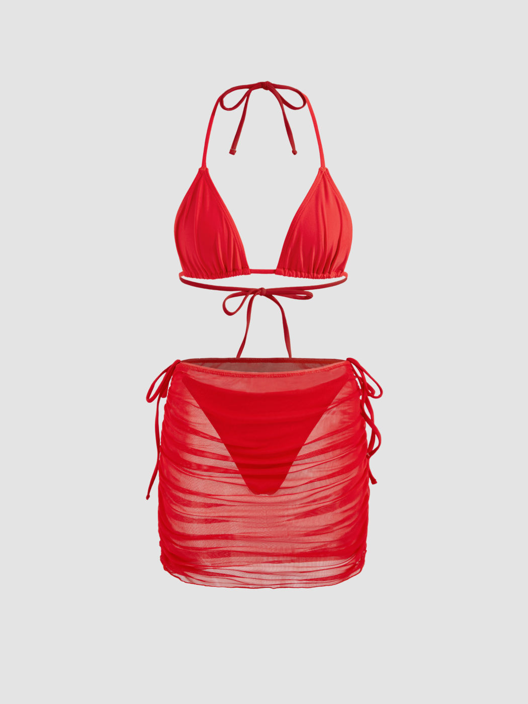 Multi-way Solid Triangle Tie Side Bikini Set With Mesh Cover Up Skirt