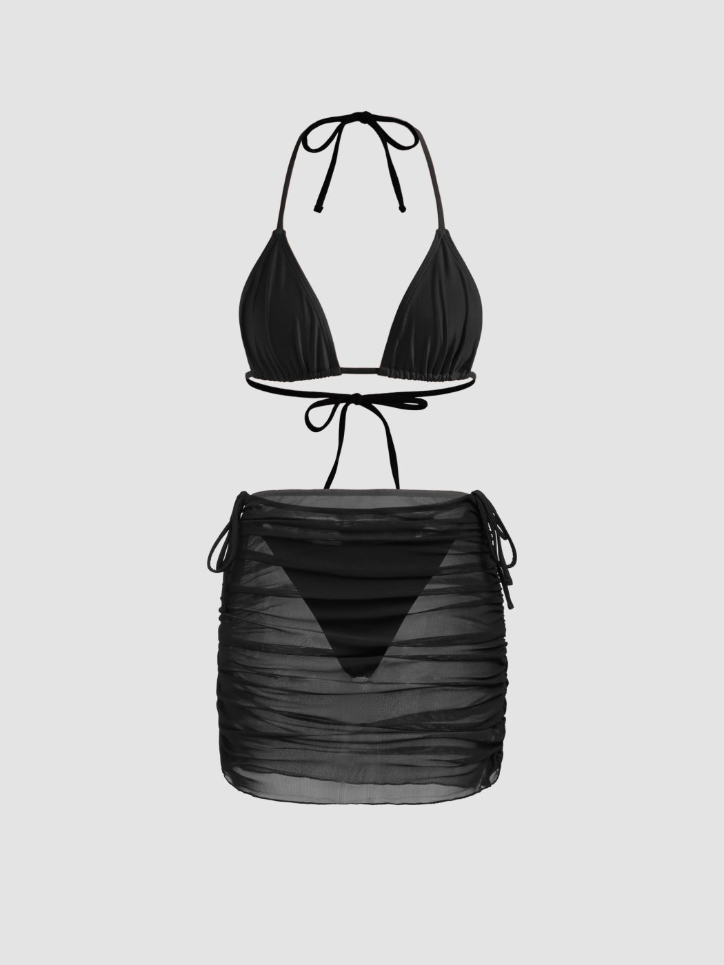 Mehrweg-Solid-Dreieck-Bikini-Set mit Netz-Cover-Up-Skirt