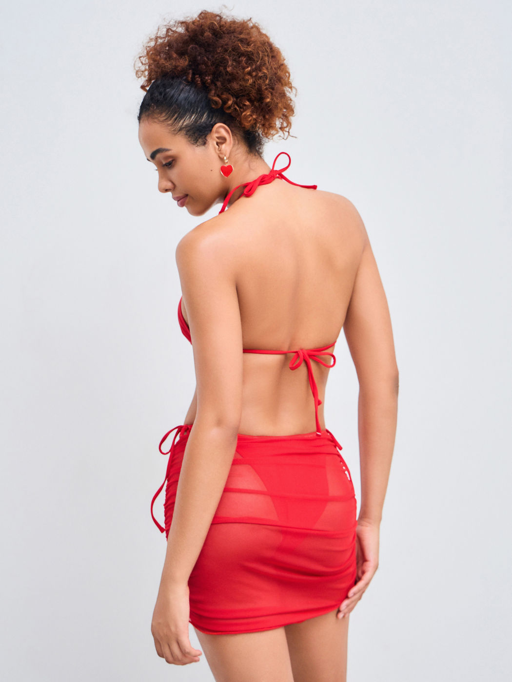 Multi-way Solid Triangle Tie Side Bikini Set With Mesh Cover Up Skirt