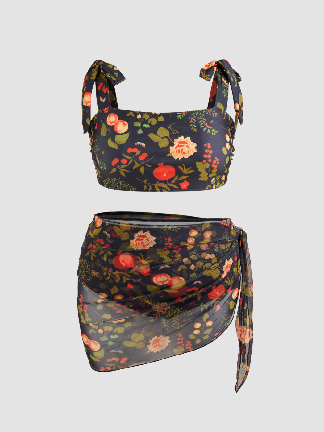 Square Neck Floral Bracelet Cheeky Shaping Bikini Set With Sarong Curve & Plus