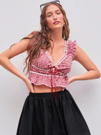 V-neck Gingham Knotted Sleeveless Blouse