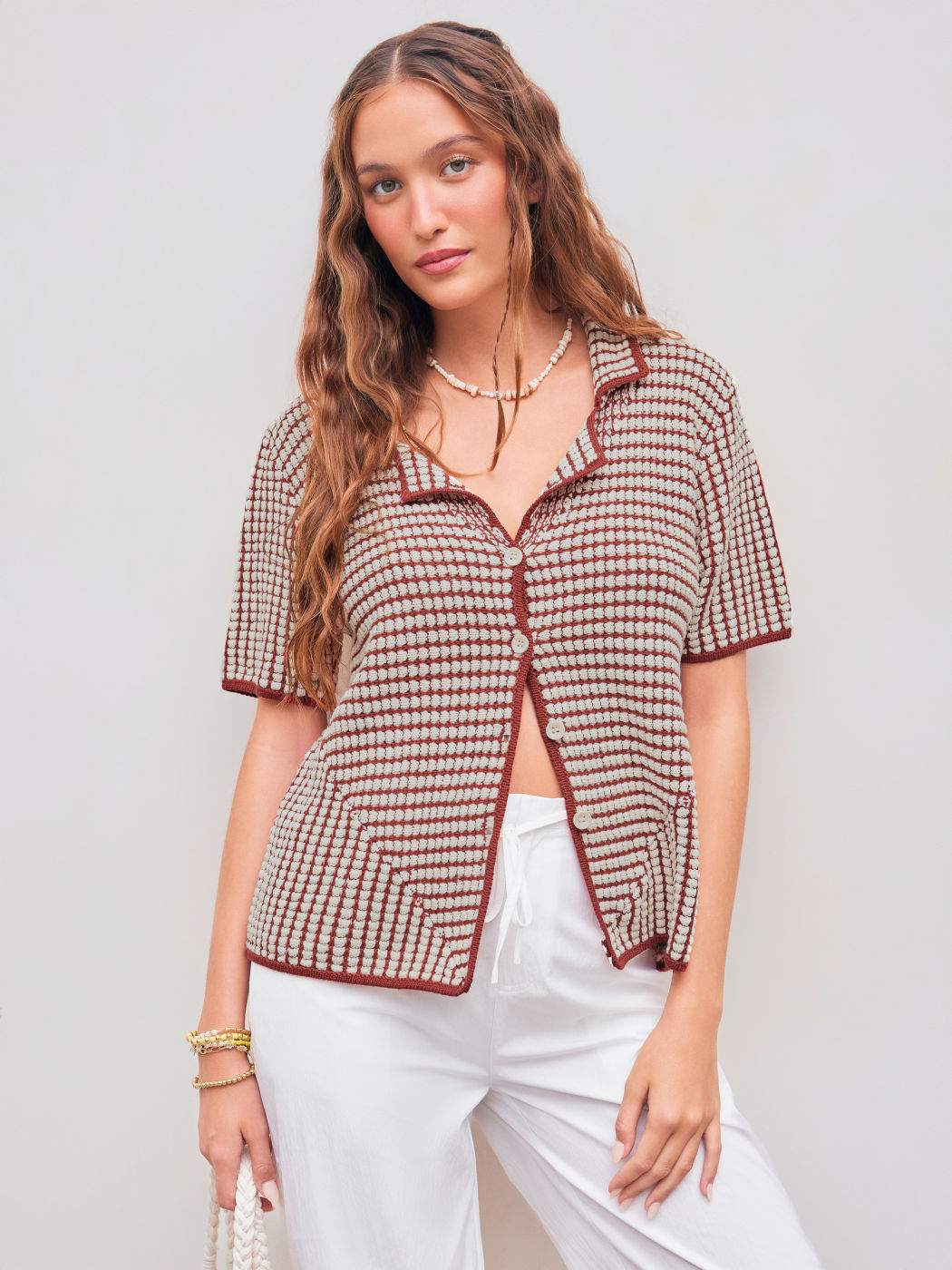 Knitted Collar Check Contrasting Binding Short Sleeve Top