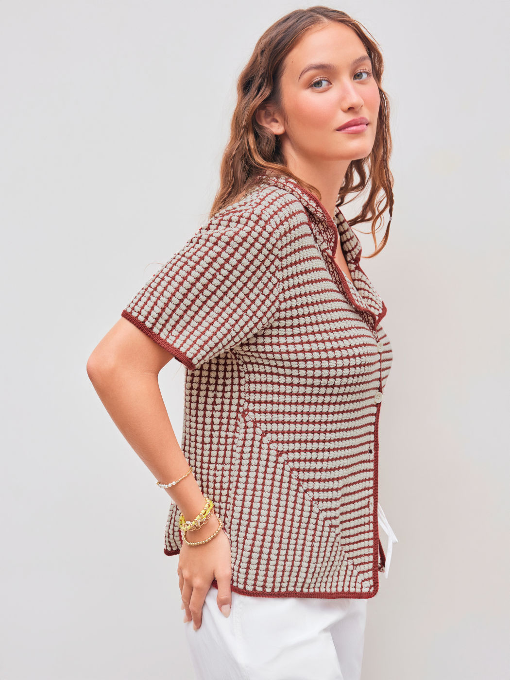 Knitted Collar Check Contrasting Binding Short Sleeve Top