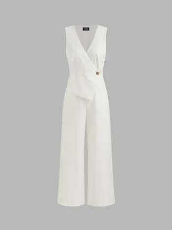 V-neck Solid Wrap Vest Jumpsuit