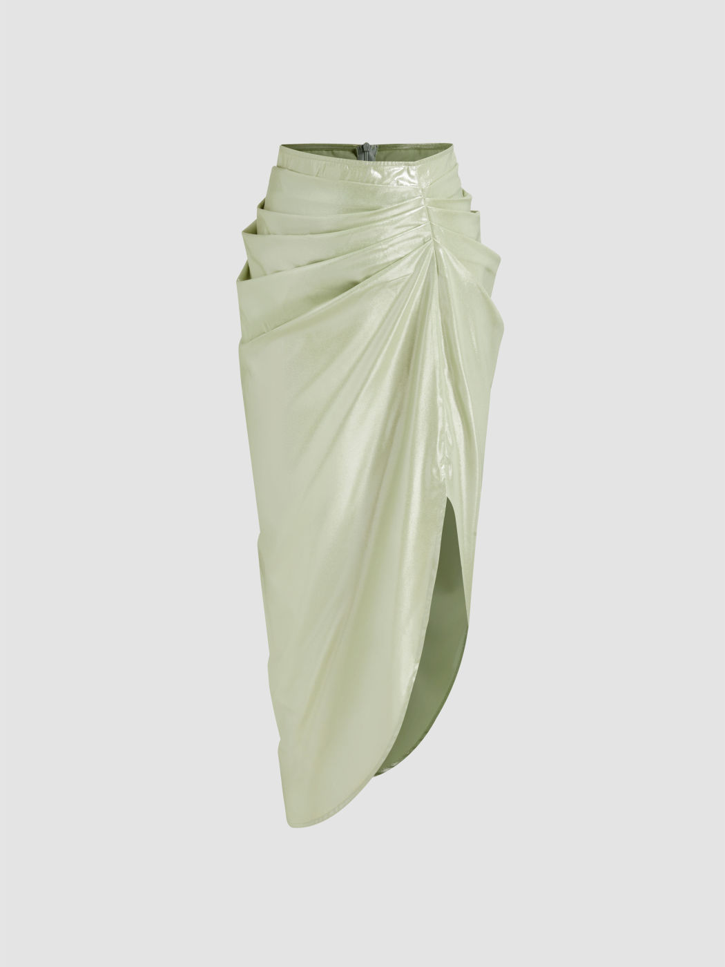 Mid Rise Solid Ruched Split Midi Skirt