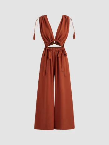 Zweifarbiger V-Ausschnitt Einfarbiger Jumpsuit mit Kordelzug und weitem Bein