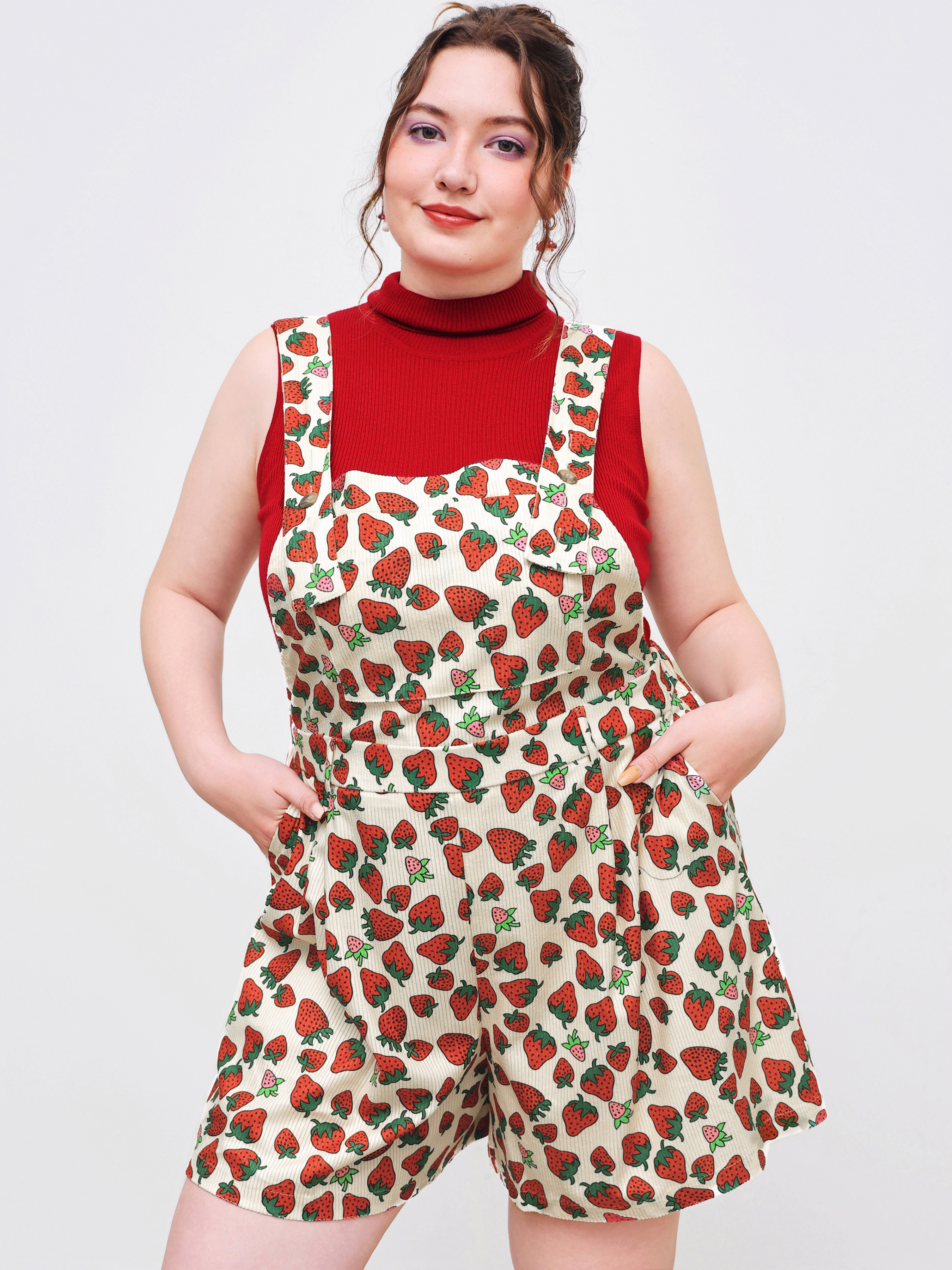 Corduroy Corduroy Square Neck Strawberry Romper Curve & Plus