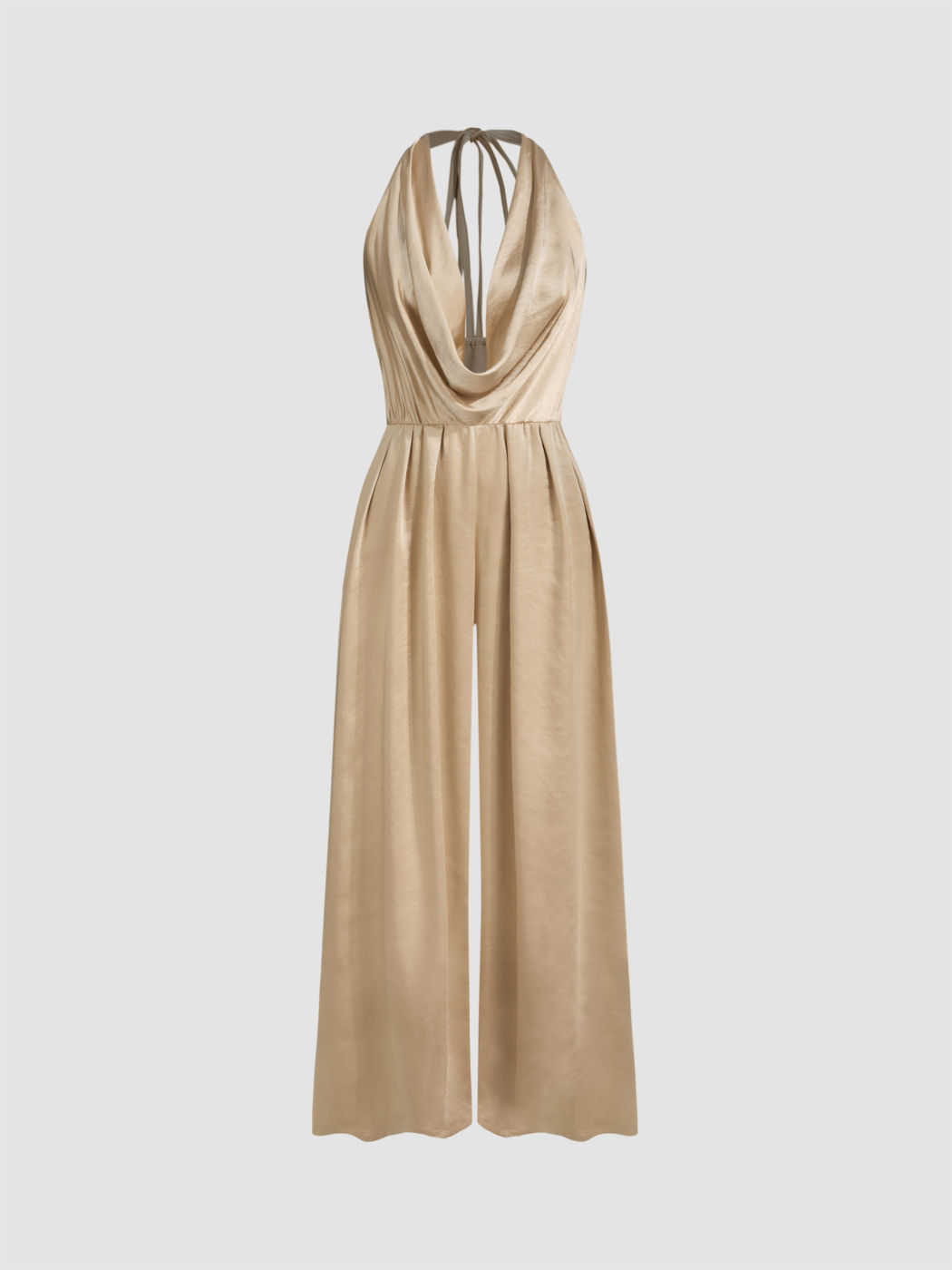  Satin Cowl Neck Einfarbiger Rückenfreier Weites Bein Jumpsuit