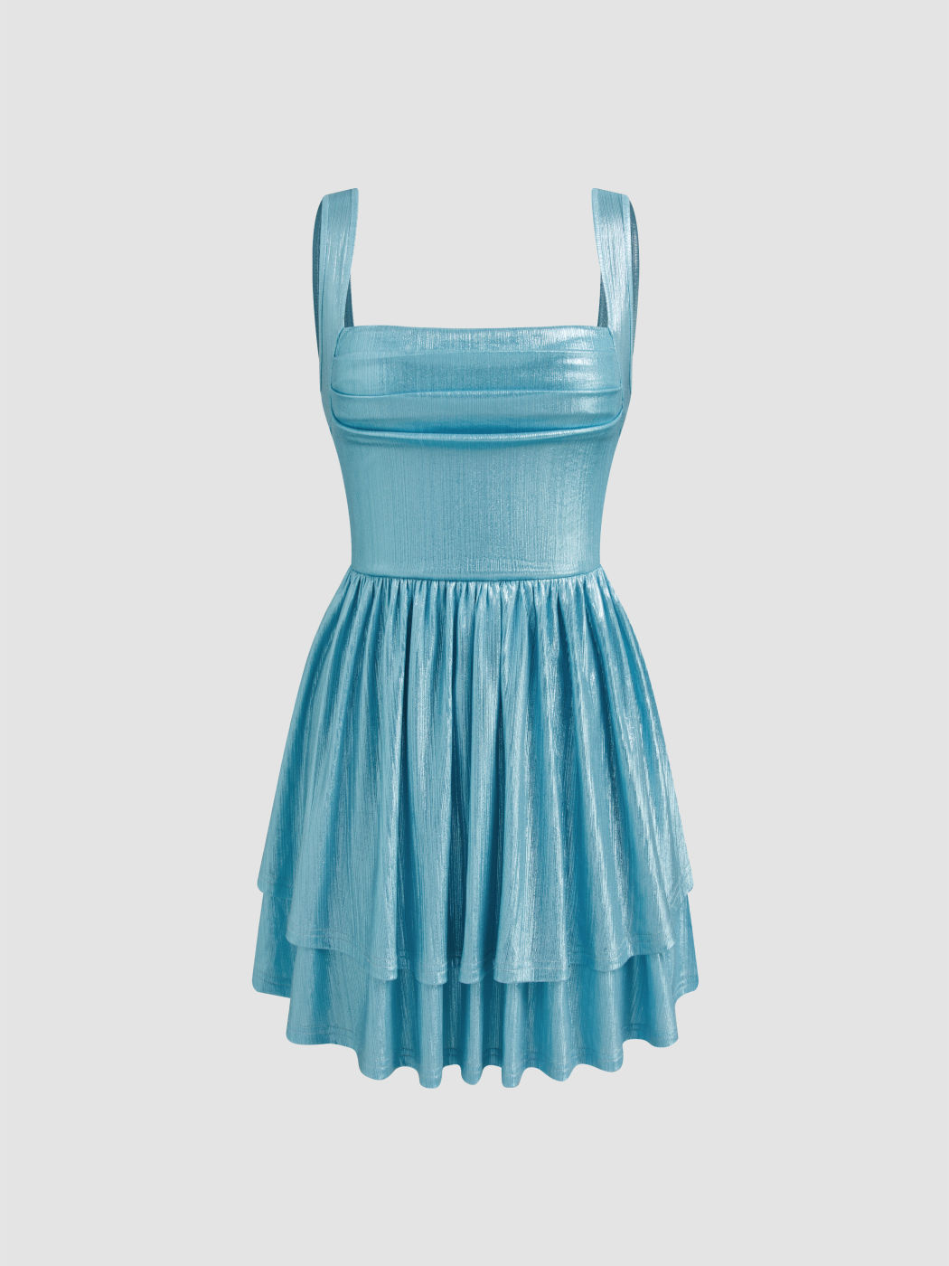 Metallic Square Neck Ruffle Tiered Mini Dress
