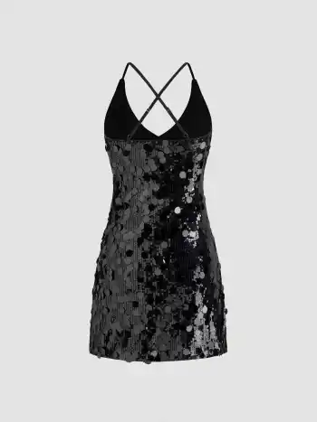 Sequins U-neckline Criss Cross Mini Dress