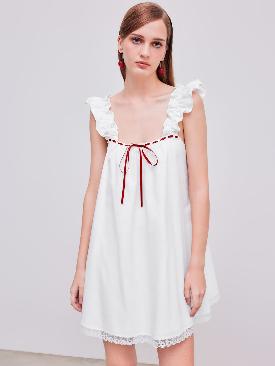 Square Neck Lace Trim Knotted Babydoll Mini Dress