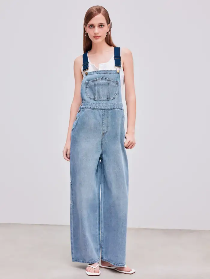 City Chic Denim Denim Leopard Pocket Buckle Up Wide Leg Oversized Jumpsuit For Daily Casual