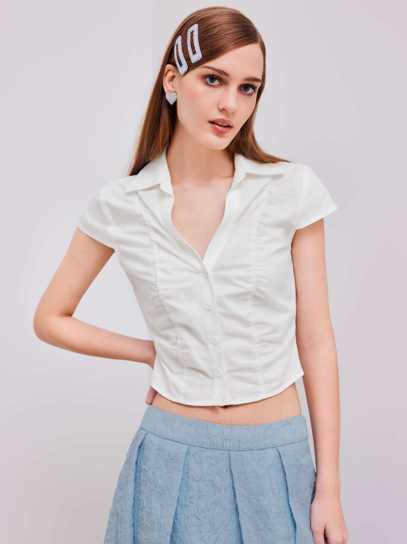 100% Cotton V-neck Solid Ruched Short Sleeve Shirt