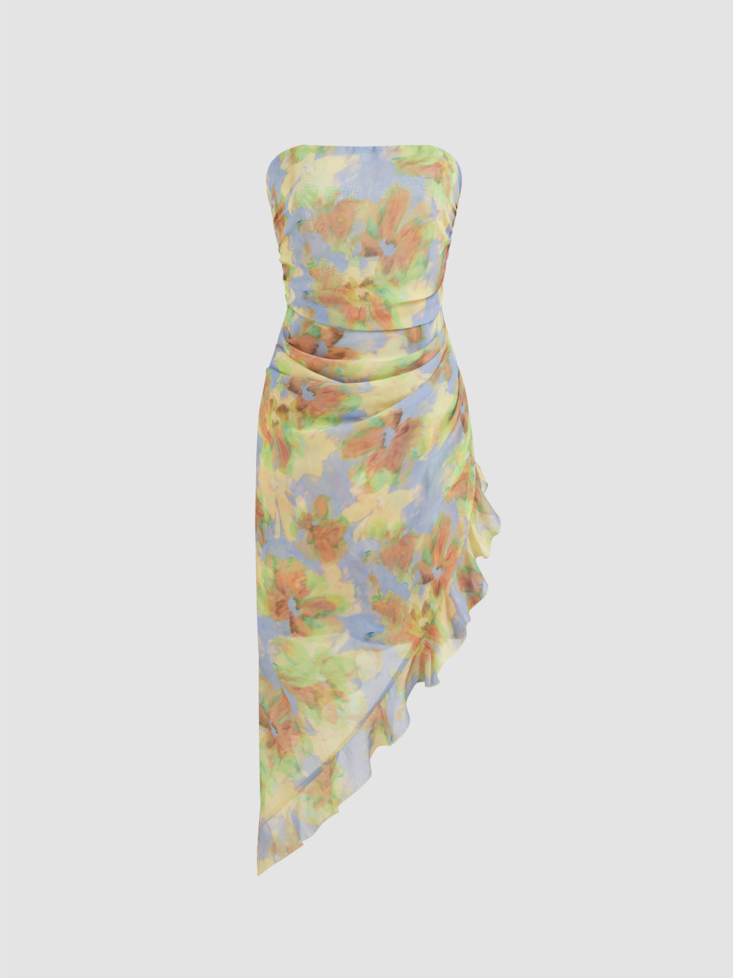 Two Way Floral Asymmetrical Hem Lettuce Trim Midi Dress