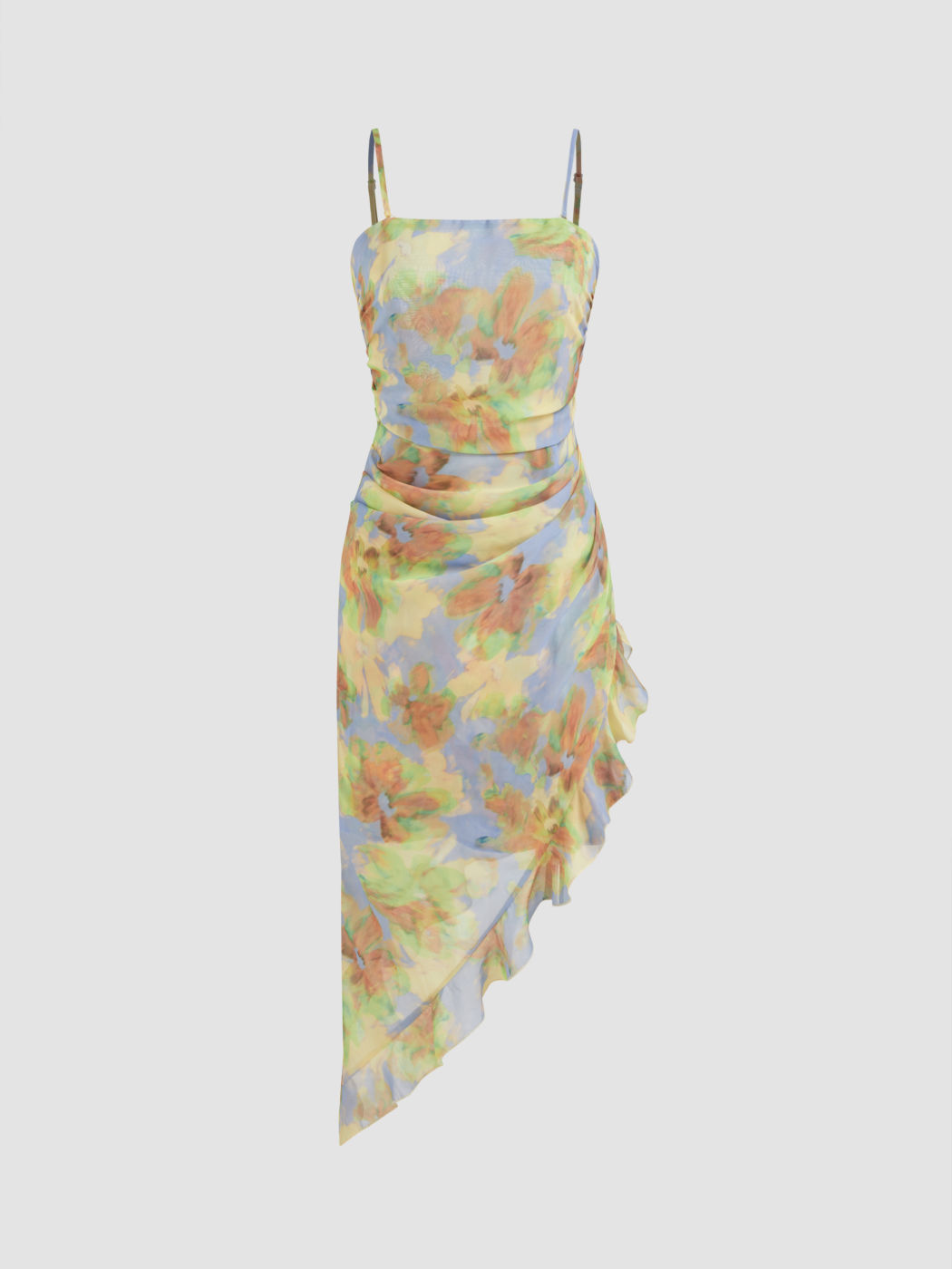 Two Way Floral Asymmetrical Hem Lettuce Trim Midi Dress