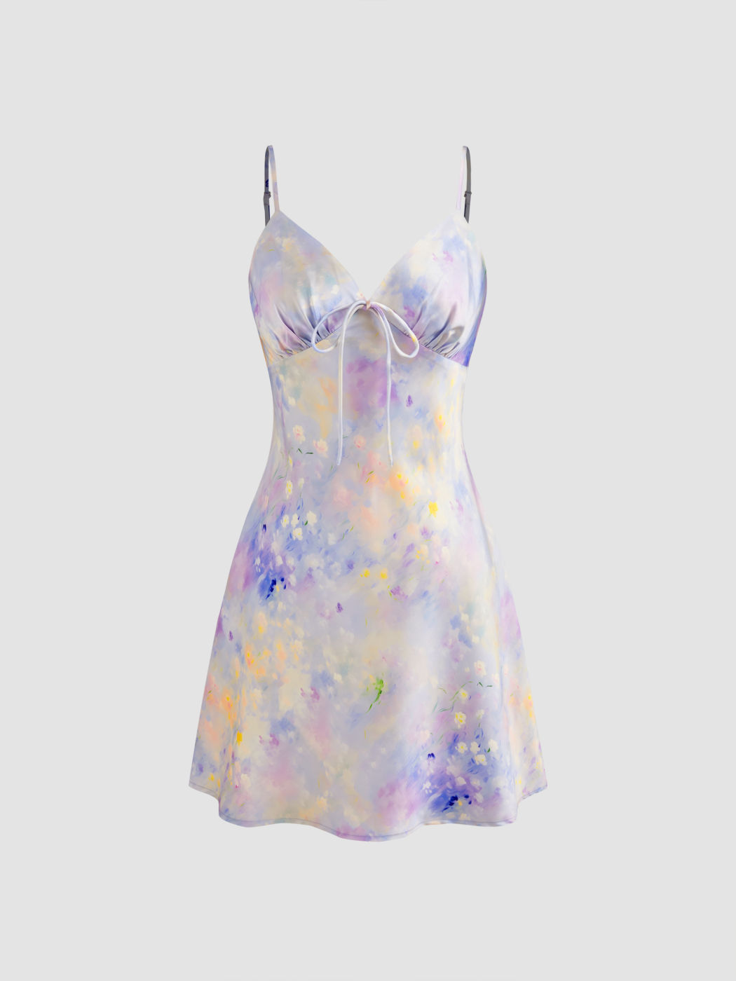 Satin V-Ausschnitt Blumen Tie Dye Minikleid