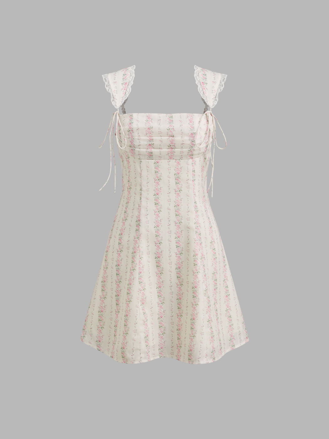 Square Neck Floral Lace Trim Knotted Mini Dress