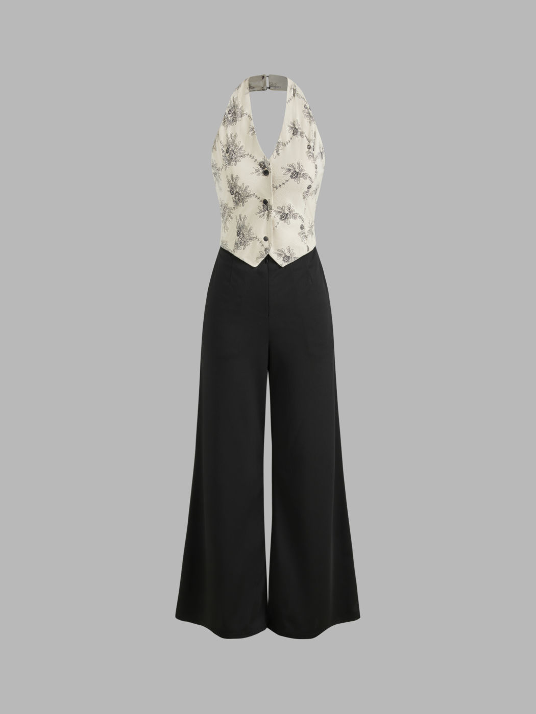 Halter Floral Two Tone Vest Wide Leg Jumpsuit