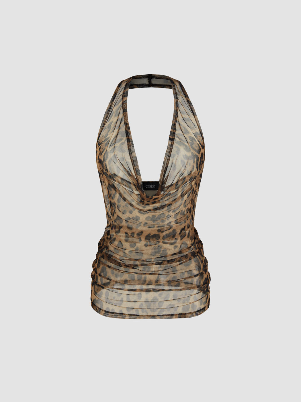 Mesh Halter Cowl Neck Leopard Ruched Top