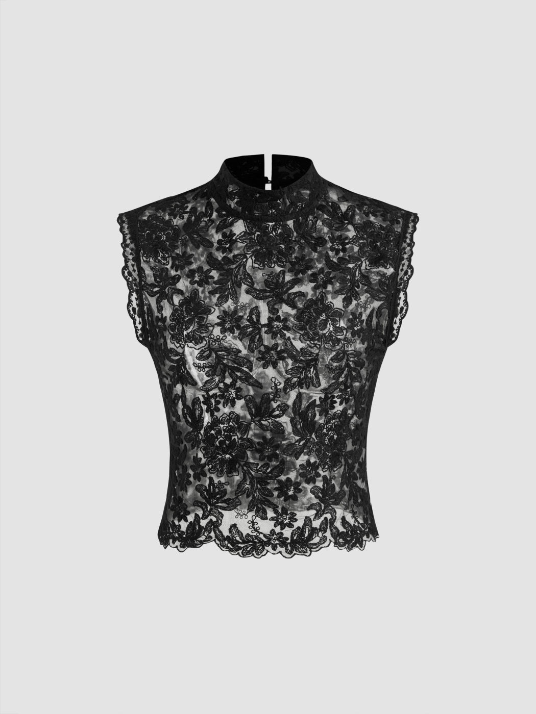 Lace Mandarin Collar Floral See-through Tank Top