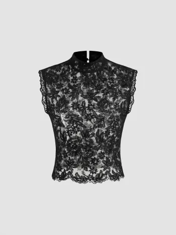 Tank Top Floral Translucide à Col Mandarin en Dentelle