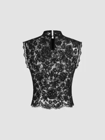 Spitzen-Mandarin-Kragen Blumen-Sichtschlauch-Tank-Top