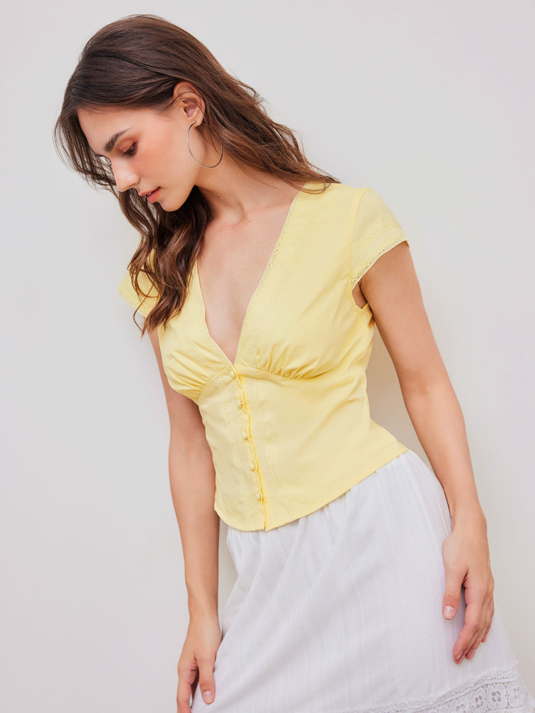 V-neck Solid Button Short Sleeve Blouse