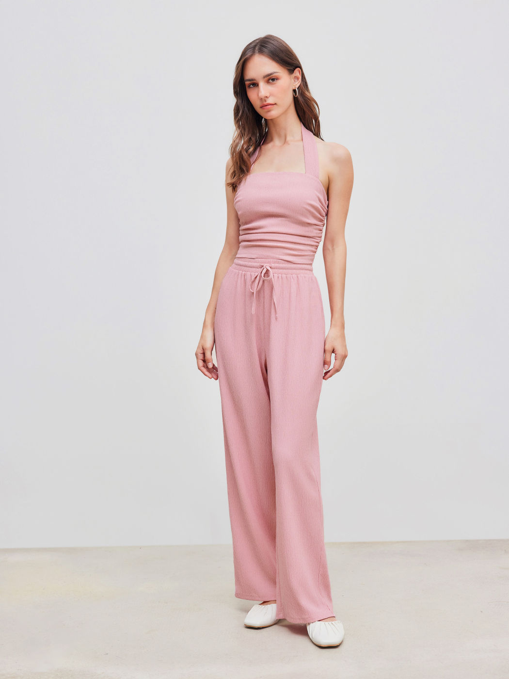 Halter Solid Ruched Texture Crop Top With Mid Rise Solid Wide Leg Trousers