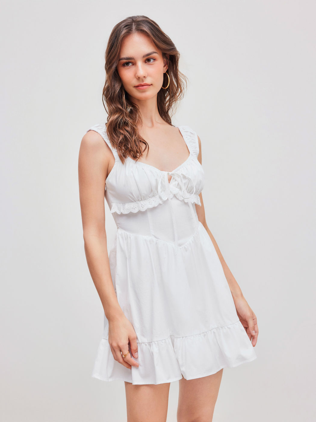  Süßes Einfarbiges Minikleid mit Rüschenbesatz und Knoten-Korsett