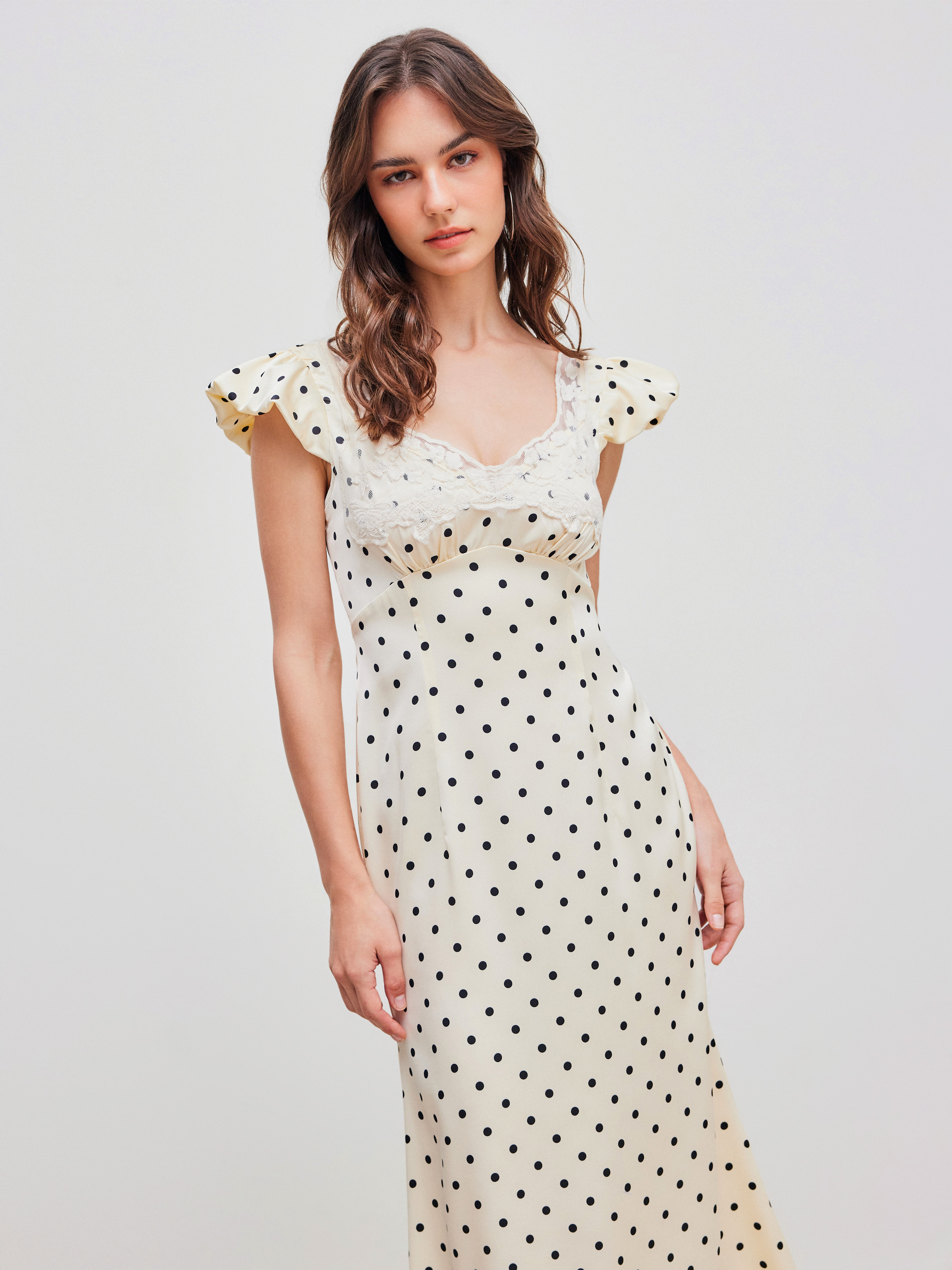 Woven Woven Sweetheart Polka Dot Lace Trim Maxi Dress For Date