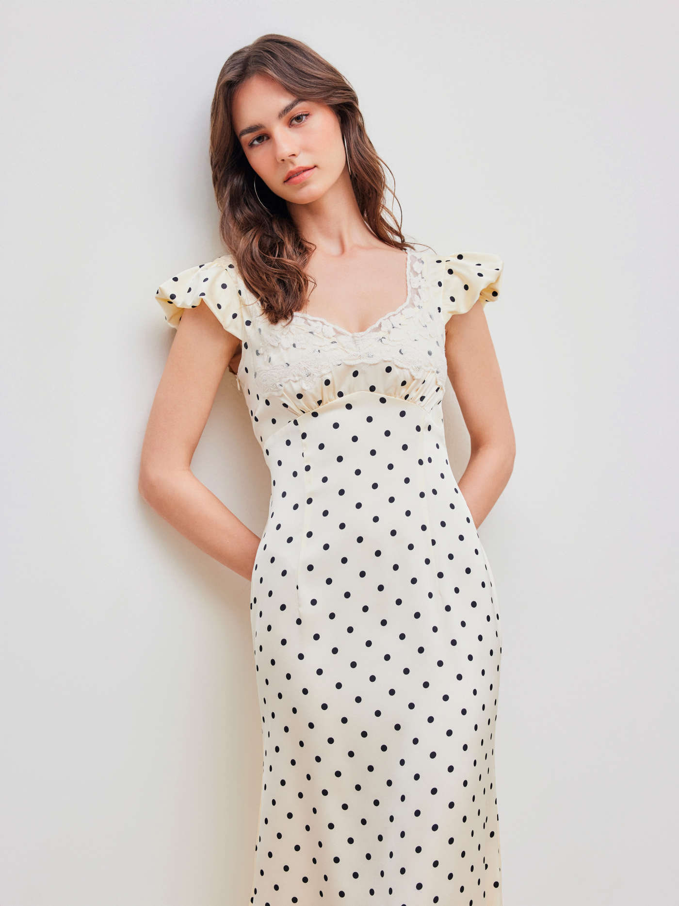 Woven Sweetheart Polka Dot Lace Trim Maxi Dress