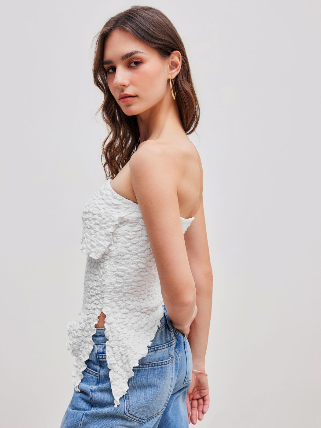 Asymmetrical Hem Solid Texture Tube Top