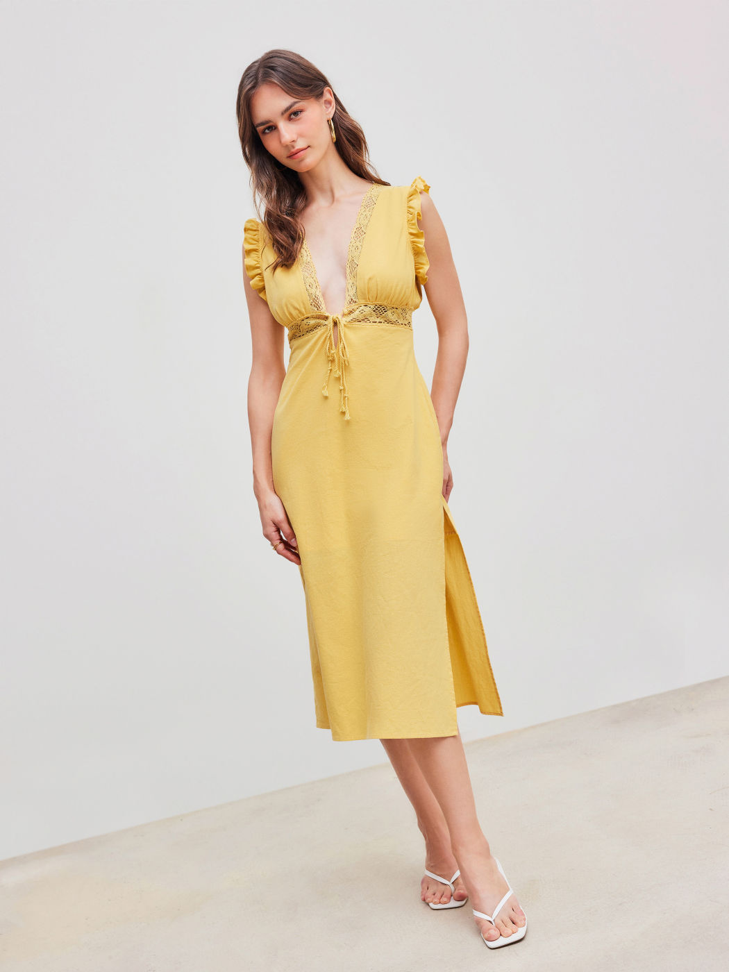 V-neck Solid Knotted Lettuce Trim Split Midi Dress
