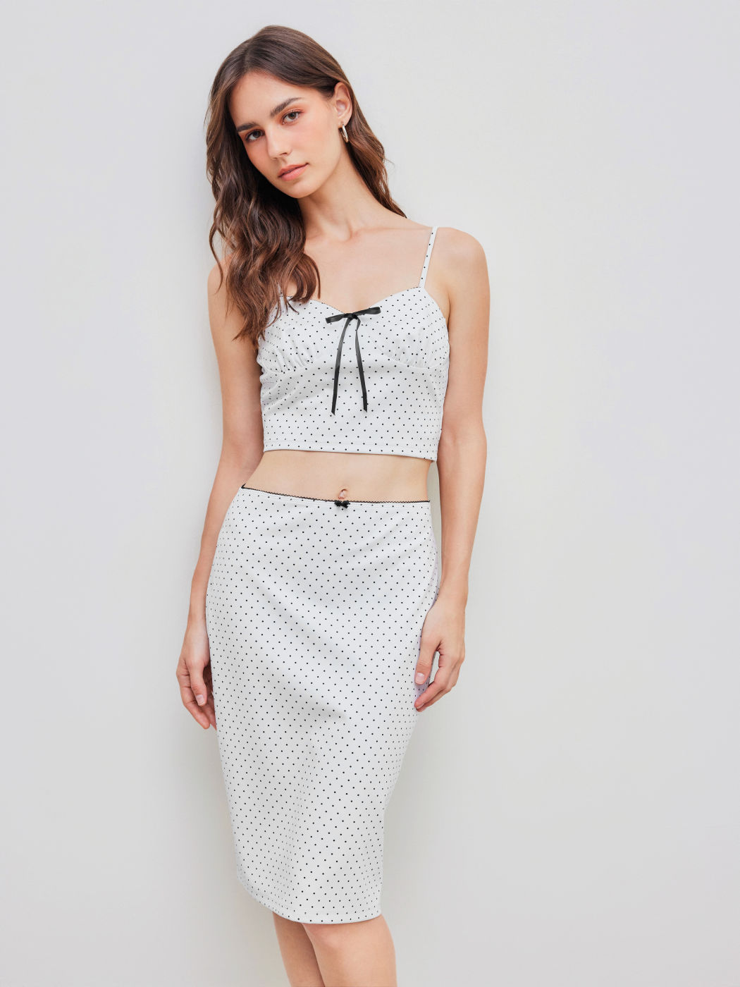 V-neck Polka Dot Crop Cami Top & Mid Rise Bowknot Midi Skirt